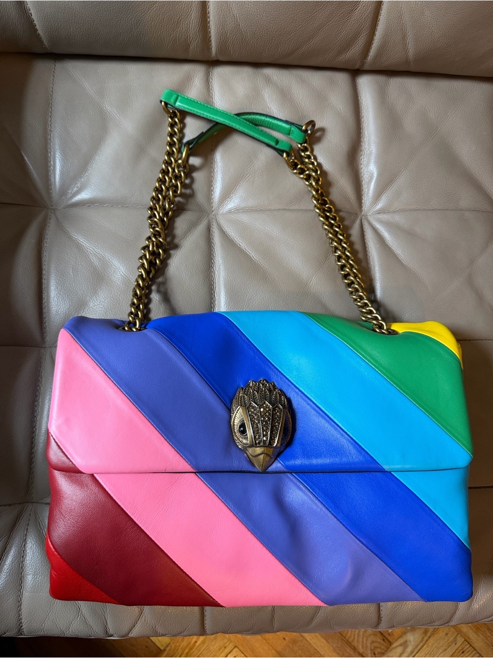 Kurt Geiger ❤️🩷💜💙🩵💚💛 Diagonal Stripe Leather Shoulder Bag with Gold Chain